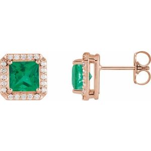 Emerald & Diamond Square Halo Stud Earrings in Gold and Platinum
