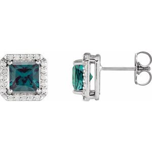 Alexandrite & Diamond Square Halo Stud Earrings in Gold and Platinum