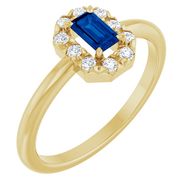 Emerald Lab-Grown Blue Sapphire & Diamond Halo Ring in Yellow Gold