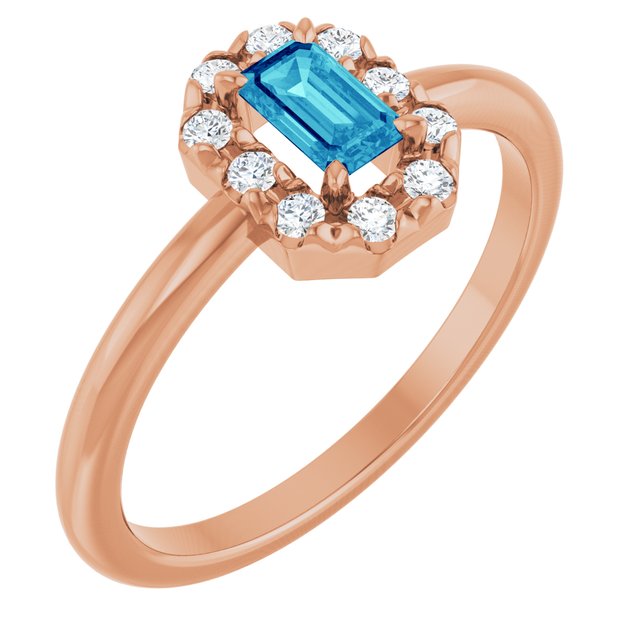 Emerald Blue Zircon Halo Ring with Diamond Accents in Rose Gold