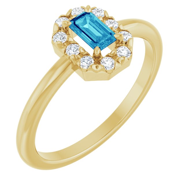 Emerald Blue Zircon Halo Ring with Diamond Accents in Yellow Gold
