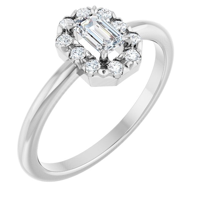 Emerald White Sapphire & Diamond Halo Ring in White Gold