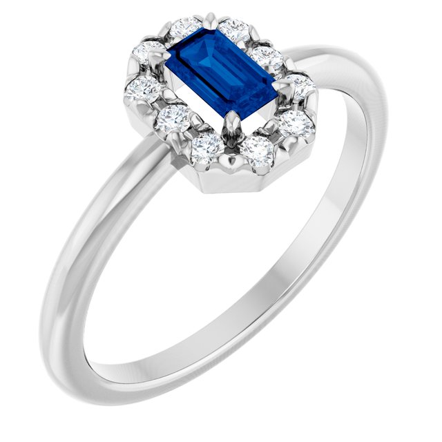 Emerald Lab-Grown Blue Sapphire & Diamond Halo Ring in White Gold