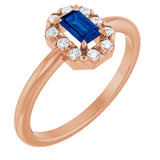Emerald Blue Sapphire Halo Ring with Diamond Accents in Rose Gold