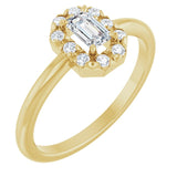 Emerald White Sapphire & Diamond Halo Ring in Yellow Gold