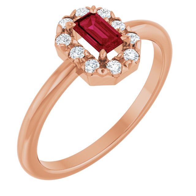 Emerald Lab-Grown Ruby Halo Ring with Diamond Accents in Rose Gold