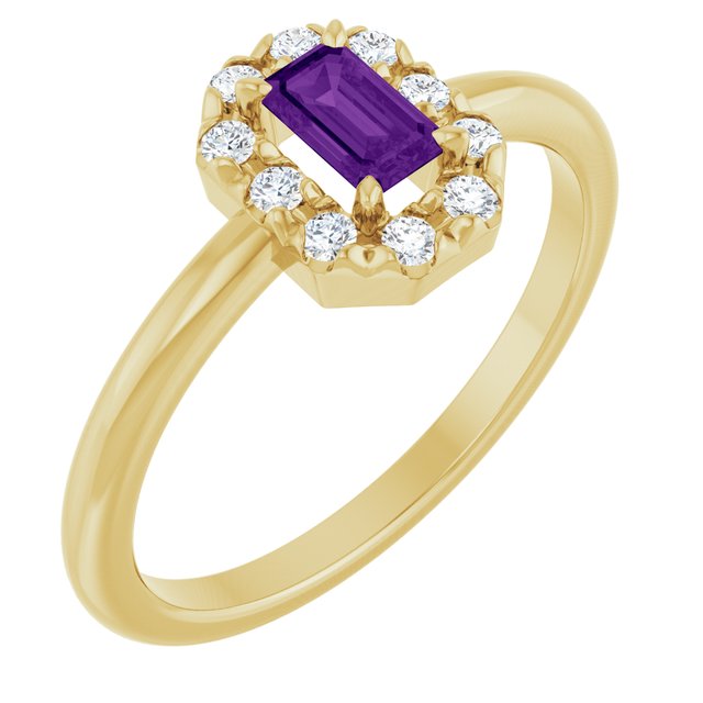Emerald Amethyst Halo Ring with Diamond Accents in Yellow Gold
