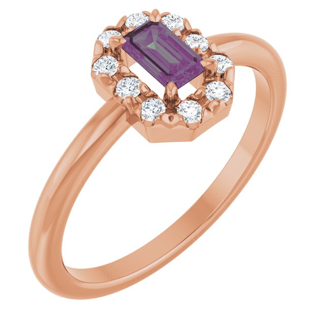 Emerald Lab-Grown Alexandrite & Diamond Halo Ring in Rose Gold