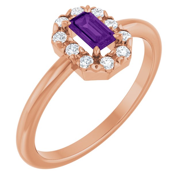 Emerald Amethyst Halo Ring with Diamond Accents in Rose Gold