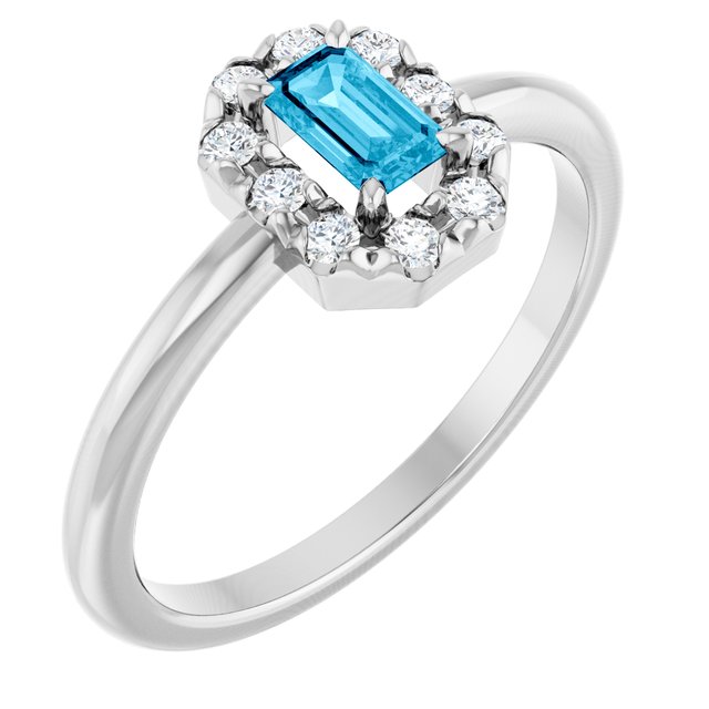 Emerald Aquamarine Halo Ring with Diamond Accents in Platinum