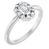 Emerald White Sapphire Halo Ring with Diamond Accents in Platinum
