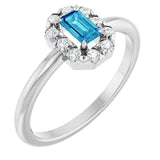 Emerald Blue Zircon Halo Ring with Diamond Accents in Platinum