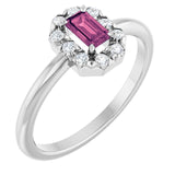 Emerald Pink Tourmaline & Diamond Halo Ring in Gold and Platinum