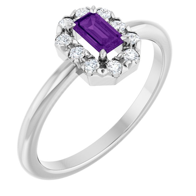 Emerald Amethyst Halo Ring with Diamond Accents in White Gold