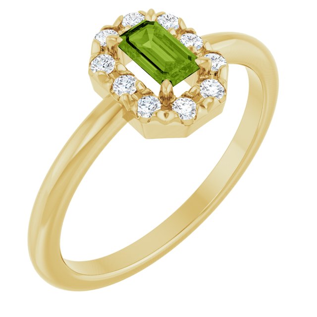 Emerald Peridot Halo Ring with Diamond Accents in Yellow Gold