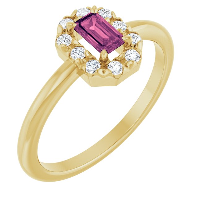 Emerald Pink Tourmaline & Diamond Halo Ring in Yellow Gold