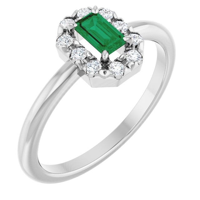Emerald Lab-Grown Emerald & Diamond Halo Ring in White Gold