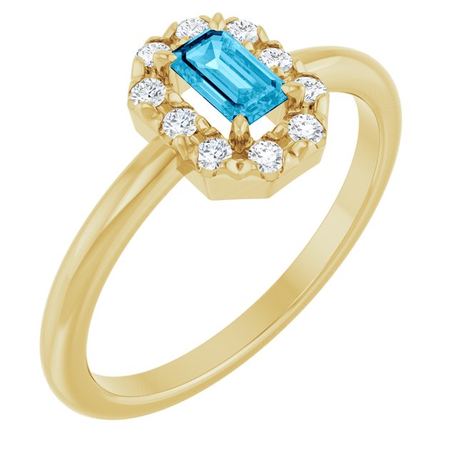 Emerald Aquamarine Halo Ring with Diamond Accents in Yellow Gold