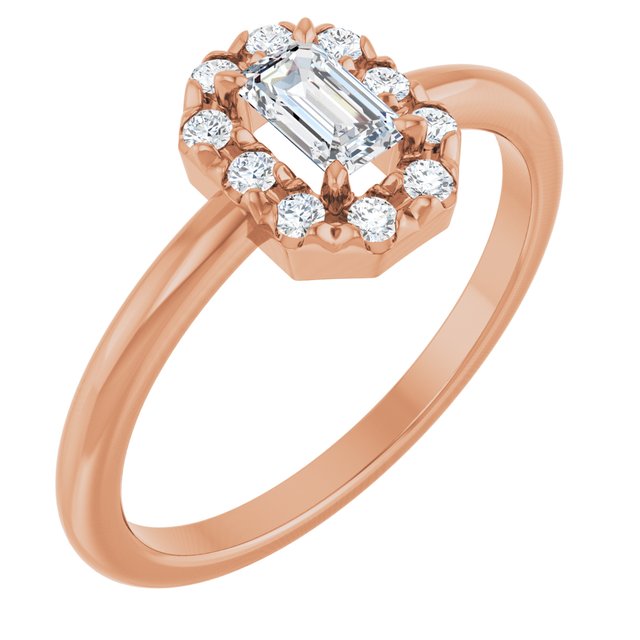Emerald White Sapphire Halo Ring with Diamond Accents in Rose Gold