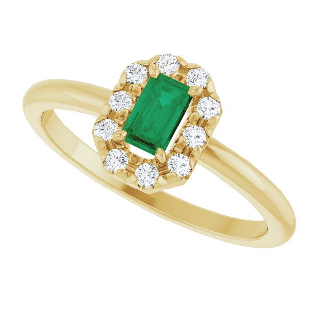 Emerald Lab-Grown Emerald & Diamond Halo Ring in Yellow Gold