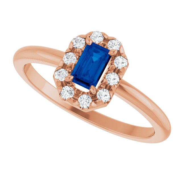 Emerald Blue Sapphire Halo Ring with Diamond Accents in Rose Gold