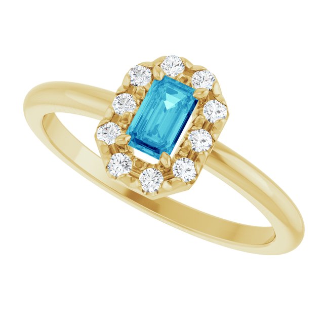Emerald Blue Zircon Halo Ring with Diamond Accents in Yellow Gold