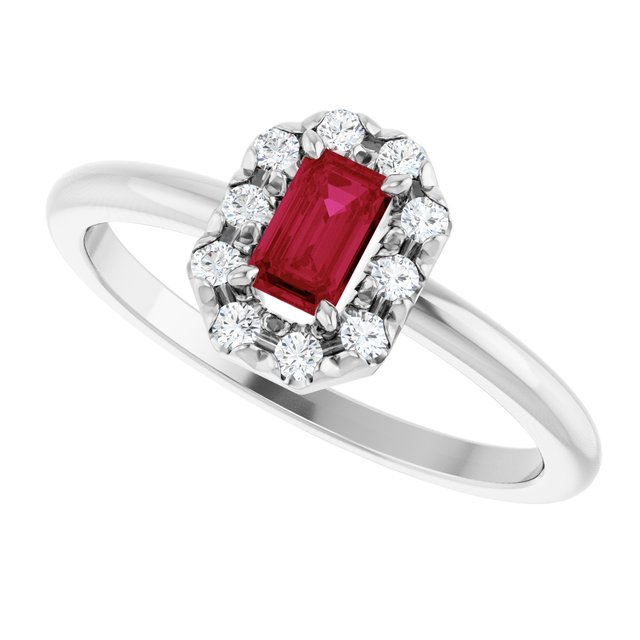 Emerald Ruby Halo Ring with Diamond Accents in Platinum