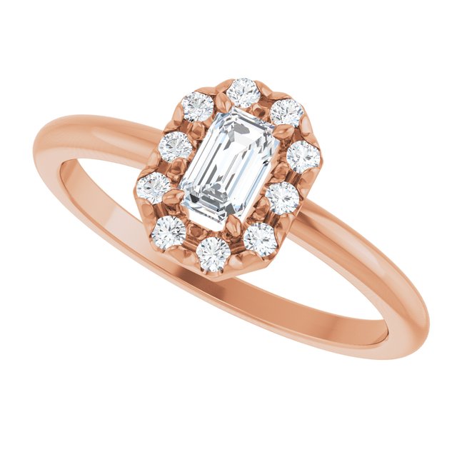 Emerald White Sapphire Halo Ring with Diamond Accents in Rose Gold