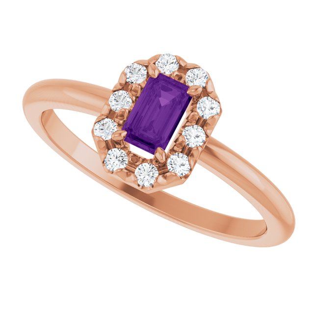 Emerald Amethyst Halo Ring with Diamond Accents in Rose Gold