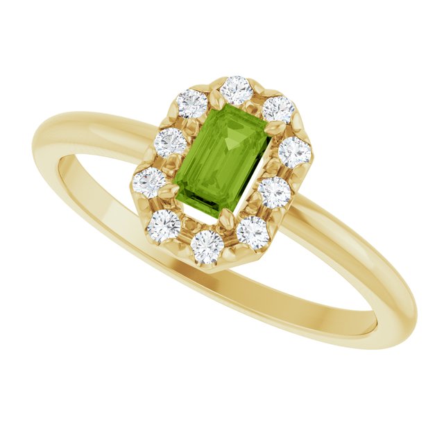 Emerald Peridot Halo Ring with Diamond Accents in Yellow Gold