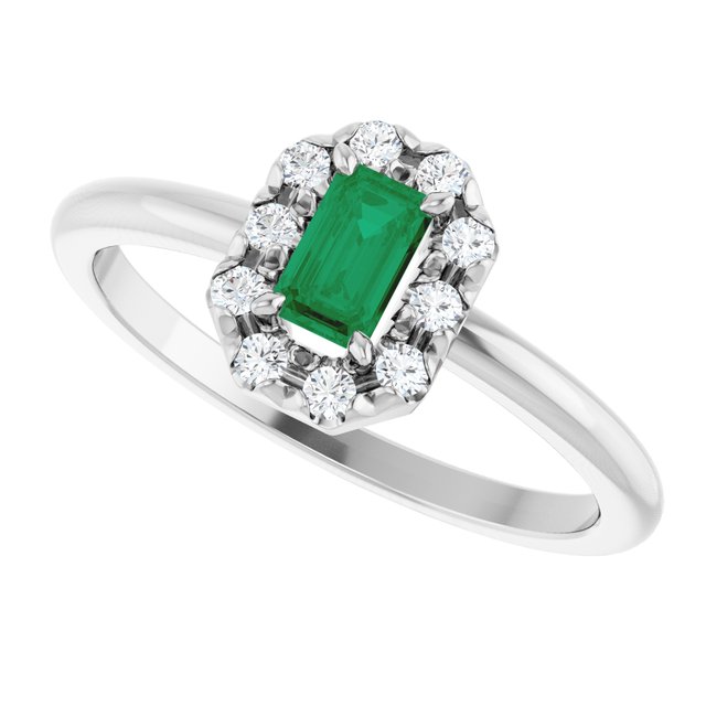 Emerald Lab-Grown Emerald Halo Ring with Diamond Accents in Platinum