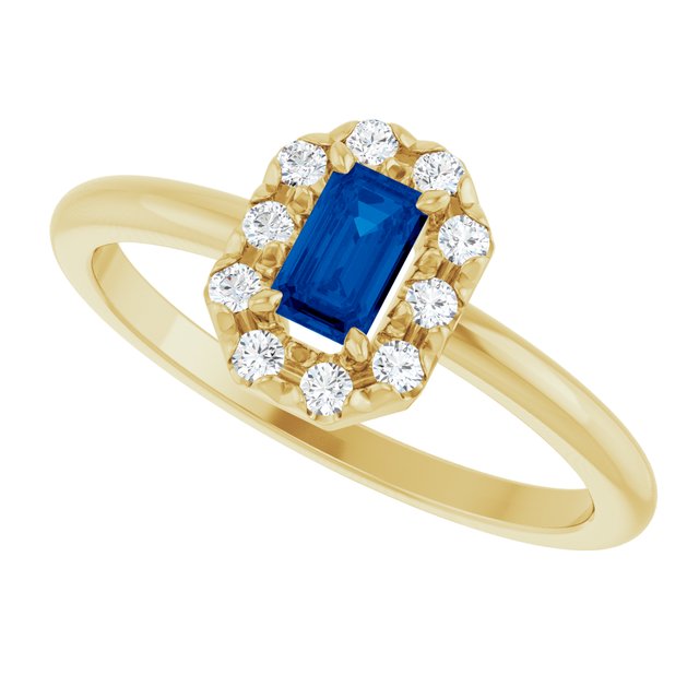 Emerald Blue Sapphire & Diamond Halo Ring in Yellow Gold