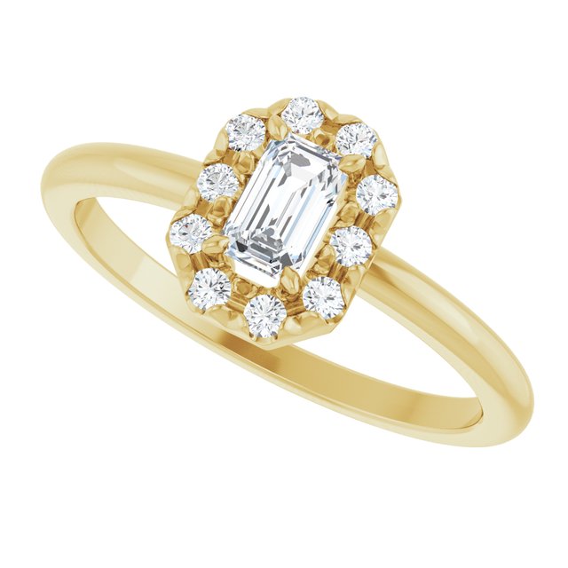 Emerald White Sapphire & Diamond Halo Ring in Yellow Gold