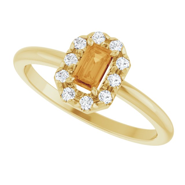 Emerald Citrine Halo Ring with Diamond Accents in Yellow Gold