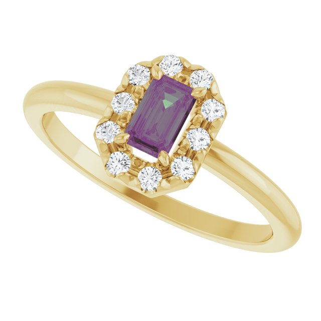 Emerald Lab-Grown Alexandrite & Diamond Halo Ring in Yellow Gold