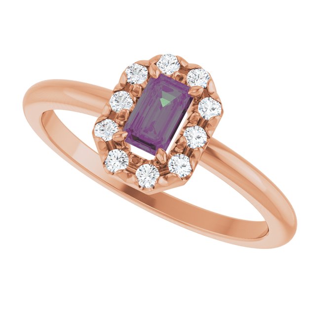 Emerald Lab-Grown Alexandrite & Diamond Halo Ring in Rose Gold