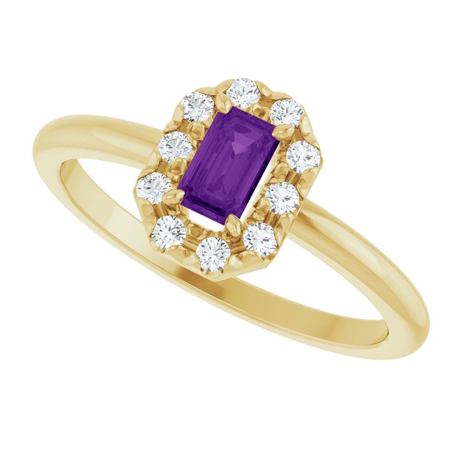 Emerald Amethyst Halo Ring with Diamond Accents in Yellow Gold