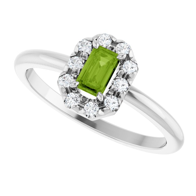 Emerald Peridot Halo Ring with Diamond Accents in White Gold
