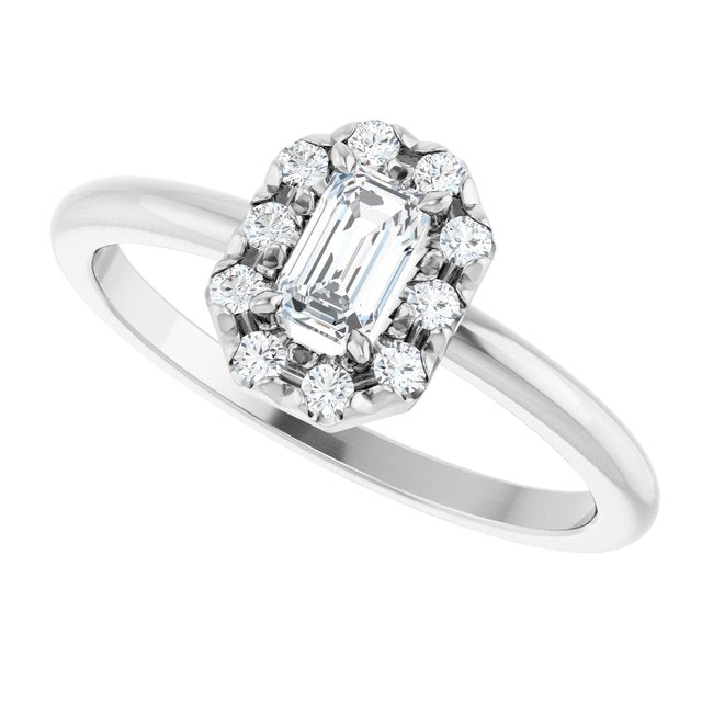 Emerald White Sapphire Halo Ring with Diamond Accents in Platinum