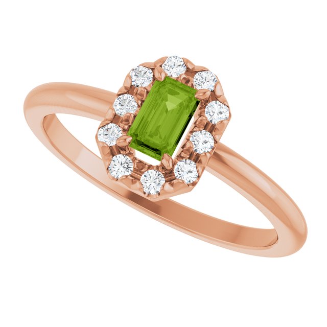 Emerald Peridot Halo Ring with Diamond Accents in Rose Gold
