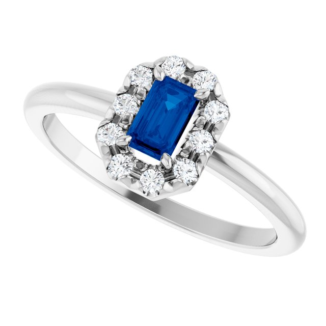 Emerald Lab-Grown Blue Sapphire & Diamond Halo Ring in White Gold