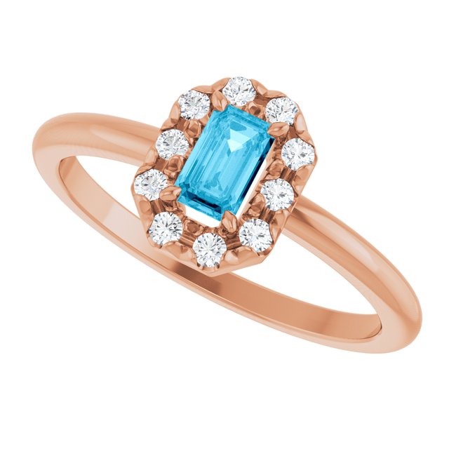 Emerald Aquamarine Halo Ring with Diamond Accents in Rose Gold