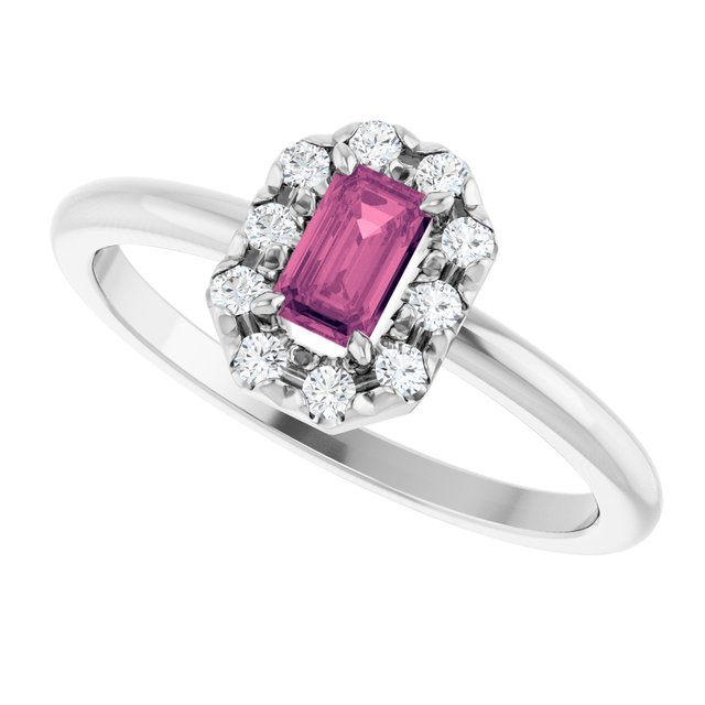 Emerald Pink Tourmaline & Diamond Halo Ring in Gold and Platinum