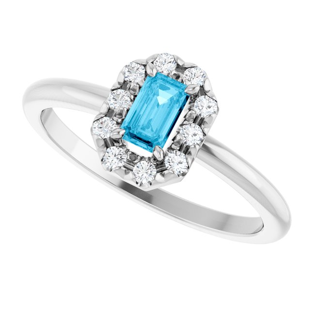 Emerald Aquamarine Halo Ring with Diamond Accents in Platinum