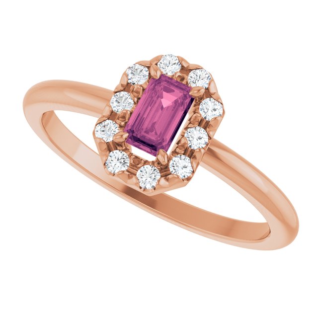 Emerald Pink Tourmaline & Diamond Halo Ring in Rose Gold