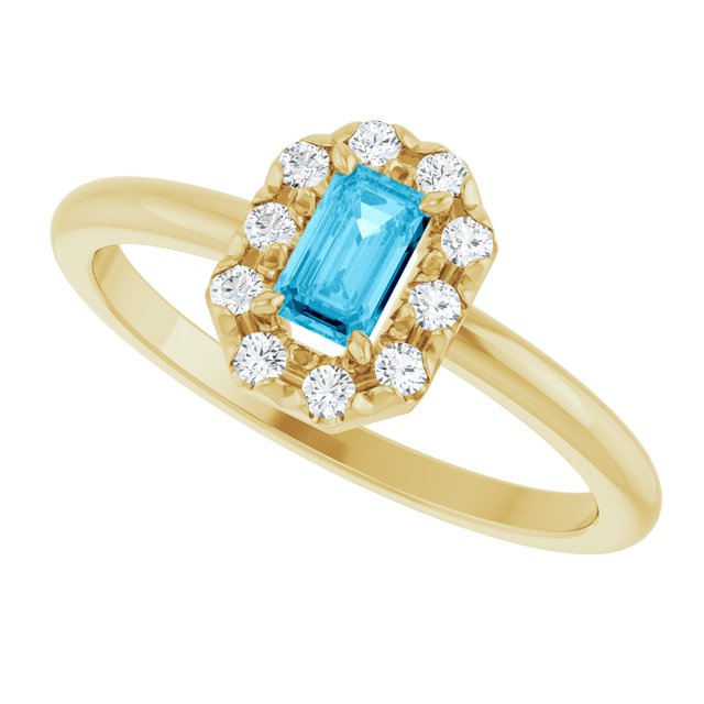 Emerald Aquamarine Halo Ring with Diamond Accents in Yellow Gold