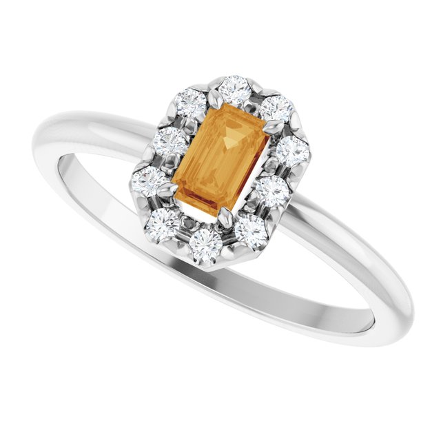 Emerald Citrine Halo Ring with Diamond Accents in Platinum