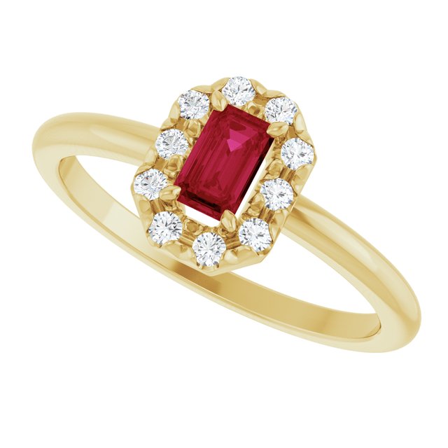 Emerald Lab-Grown Ruby & Diamond Halo Ring in Yellow Gold