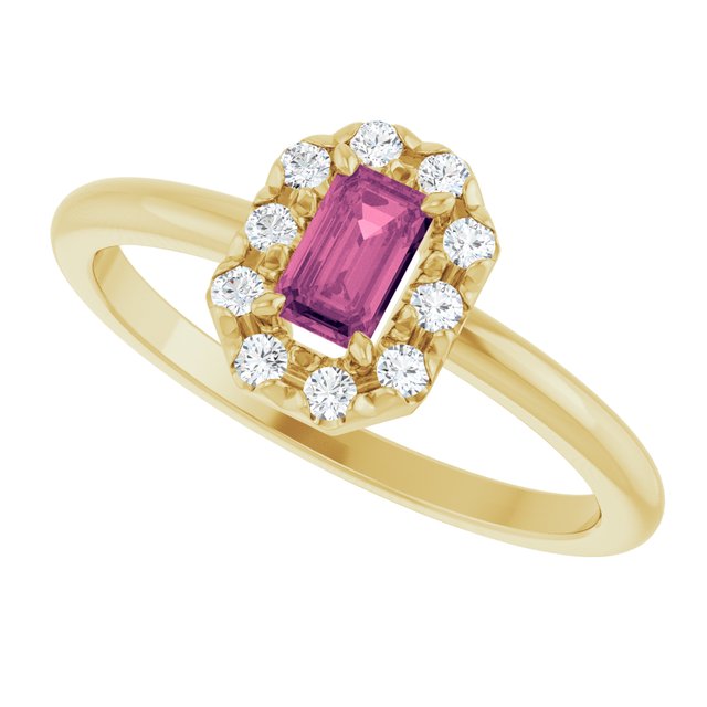 Emerald Pink Tourmaline & Diamond Halo Ring in Yellow Gold