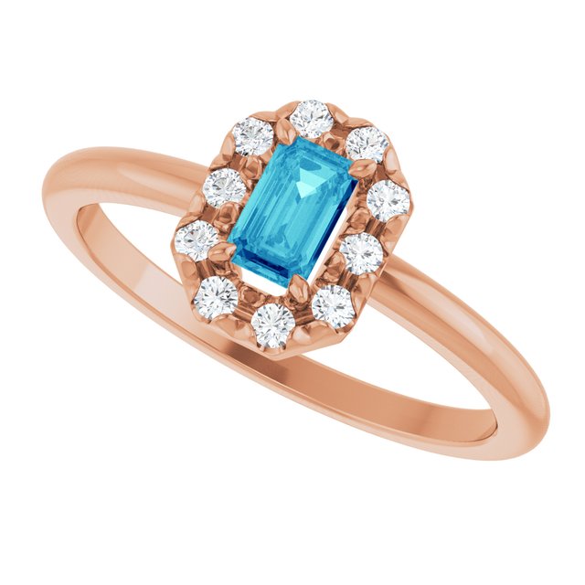 Emerald Blue Zircon Halo Ring with Diamond Accents in Rose Gold